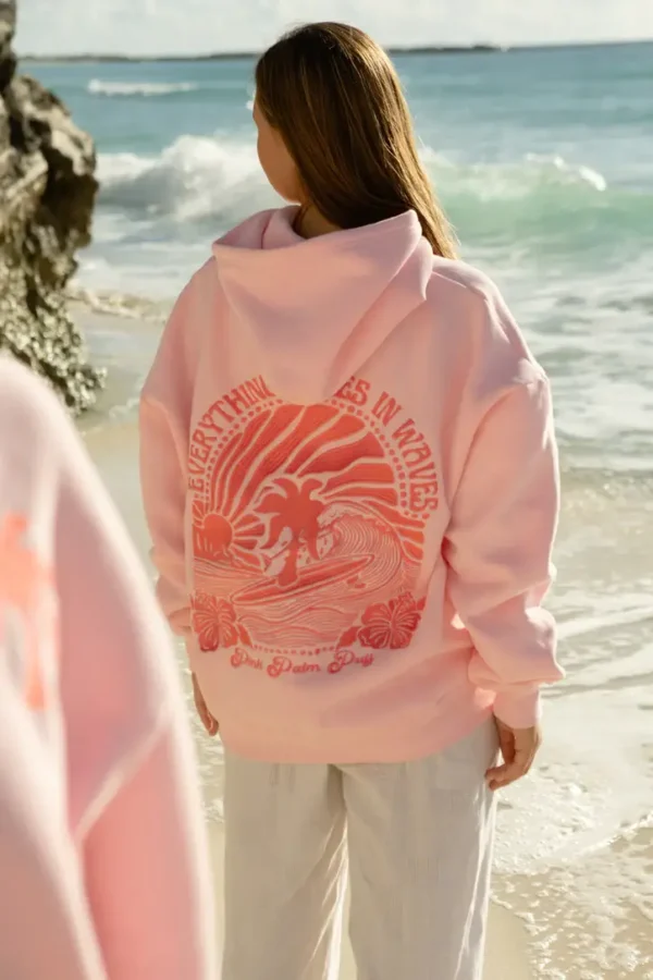 Pink Palm Puff Everything Comes in Waves Hoodies